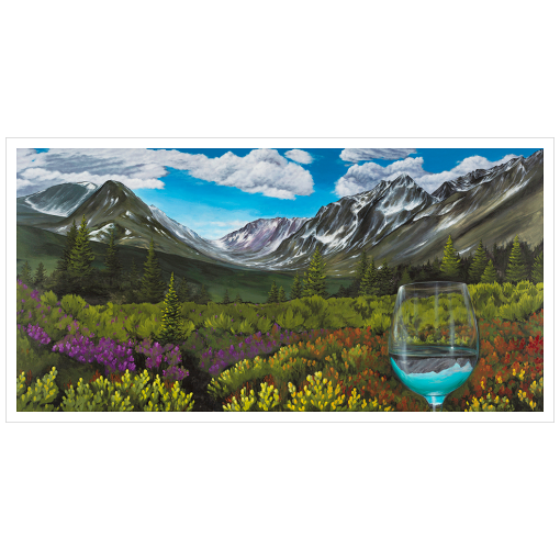 Archival print on matte paper of a contemporary snowy Alaskan mountain landscape painting with lush green foliage, red and purple flowers, and a glass of white wine refracting a pretty blue sky. 