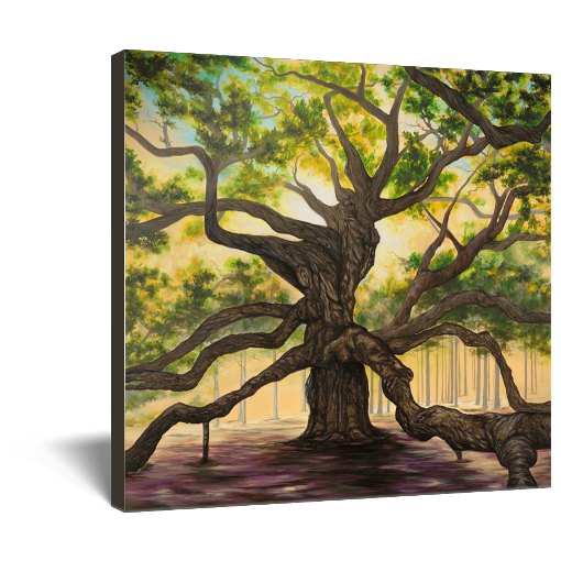 Archival print on canvas of a giant oak tree with sprawling branches under a green overstory. 