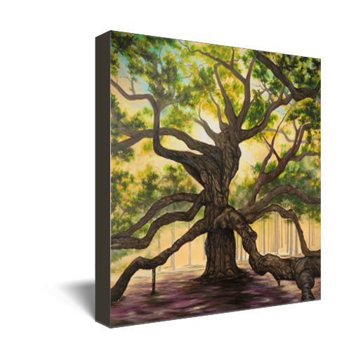 Archival print on canvas of a giant oak tree with sprawling branches under a green overstory. 