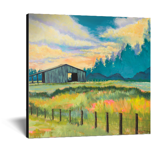 Archival print on canvas of a contemporary landscape painting of a rustic blue barn in a lush meadow under an illuminated summer sky full of fluffy clouds. 