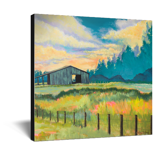 Archival print on canvas of a contemporary landscape painting of a rustic blue barn in a lush meadow under an illuminated summer sky full of fluffy clouds. 