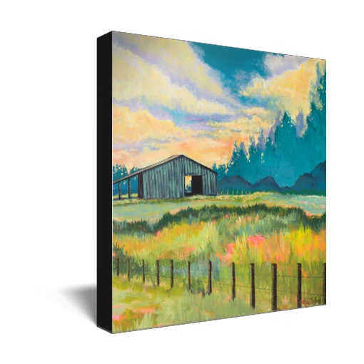 Archival print on canvas of a contemporary landscape painting of a rustic blue barn in a lush meadow under an illuminated summer sky full of fluffy clouds. 