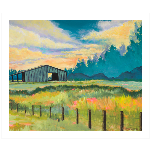 Archival print on matte paper of a contemporary landscape painting of a rustic blue barn in a lush meadow under an illuminated summer sky full of fluffy clouds. 