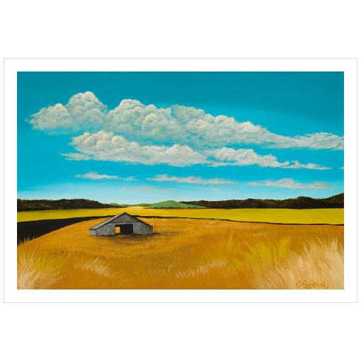Archival print on matte paper of a contemporary rural landscape painting of a rustic barn sitting in a yellow field with green hills in the distance under a blue sky filled with purple fluffy clouds. 