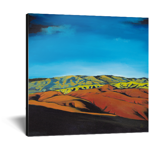 Archival print on canvas of a contemporary landscape painting of the scenic Boise, Idaho foothills in oranges and greens under a vivid blue sky. 