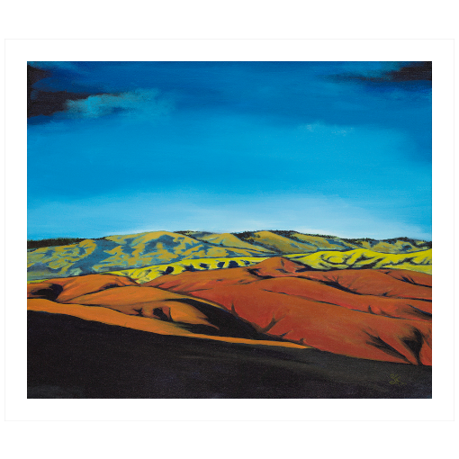 Archival print on matte paper of a contemporary landscape painting of the scenic Boise, Idaho foothills in oranges and greens under a vivid blue sky. 