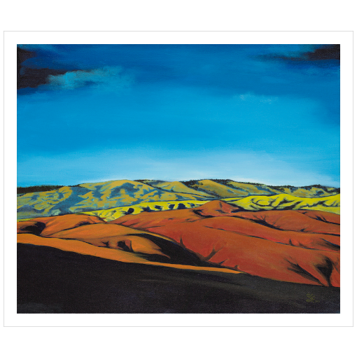 Archival print on matte paper of a contemporary landscape painting of the scenic Boise, Idaho foothills in oranges and greens under a vivid blue sky. 