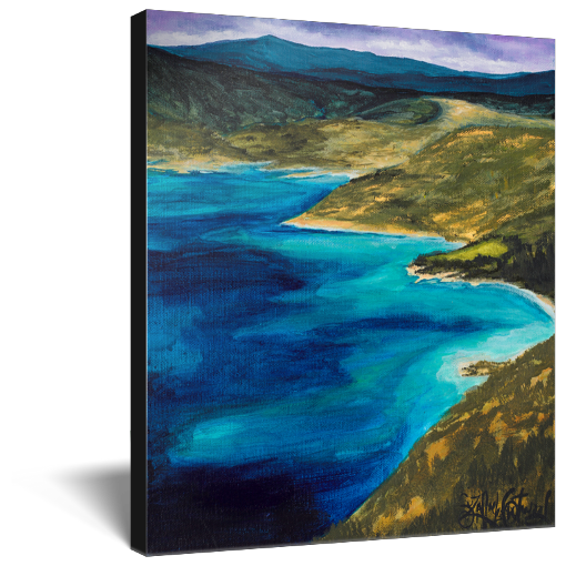 Archival print on canvas of a contemporary landscape painting of green rolling hills and vivid blue waters.