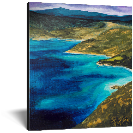 Archival print on canvas of a contemporary landscape painting of green rolling hills and vivid blue waters.