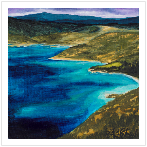 Archival print on matte paper of a contemporary landscape painting of green rolling hills and vivid blue waters.
