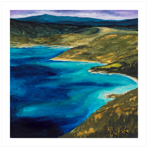 Archival print on matte paper of a contemporary landscape painting of green rolling hills and vivid blue waters.