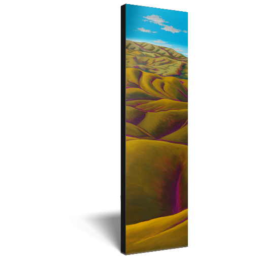 Archival print on canvas of a contemporary landscape painting of green rolling hills and a distant vivid blue sky.