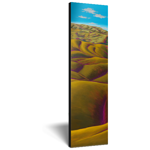 Archival print on canvas of a contemporary landscape painting of green rolling hills and a distant vivid blue sky.