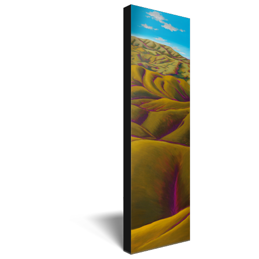 Archival print on canvas of a contemporary landscape painting of green rolling hills and a distant vivid blue sky.