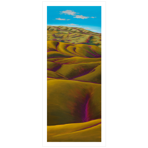 Archival print on matte paper of a contemporary landscape painting of green rolling hills and a distant vivid blue sky.