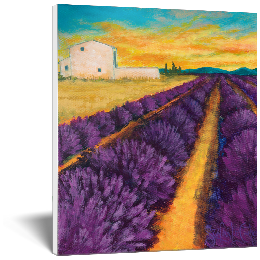 Archival print on canvas of a contemporary landscape painting of a vibrant purple lavender filed in a rural landscape with a farmhouse sitting in a glowing sunset.