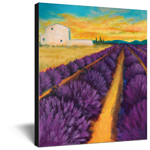 Archival print on canvas of a contemporary landscape painting of a vibrant purple lavender filed in a rural landscape with a farmhouse sitting in a glowing sunset.