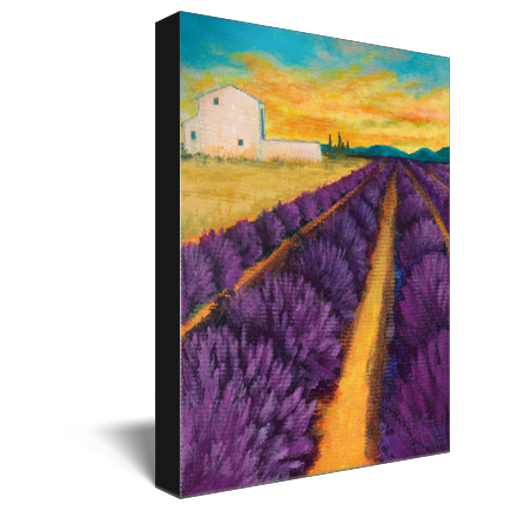 Archival print on canvas of a contemporary landscape painting of a vibrant purple lavender filed in a rural landscape with a farmhouse sitting in a glowing sunset.