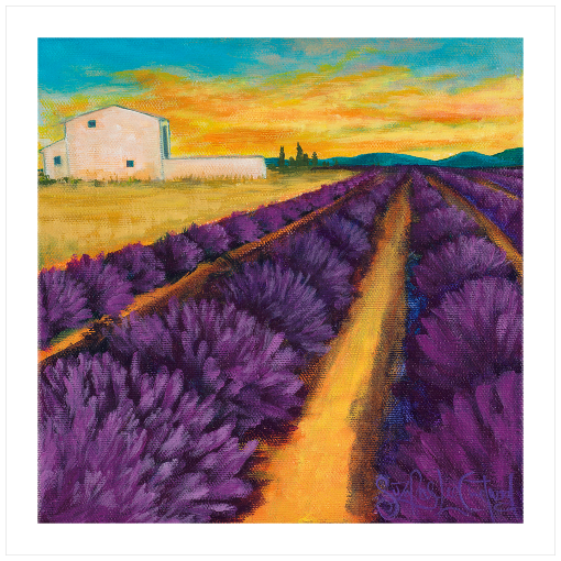 Archival print on matte paper of a contemporary landscape painting of a vibrant purple lavender filed in a rural landscape with a farmhouse sitting in a glowing sunset.