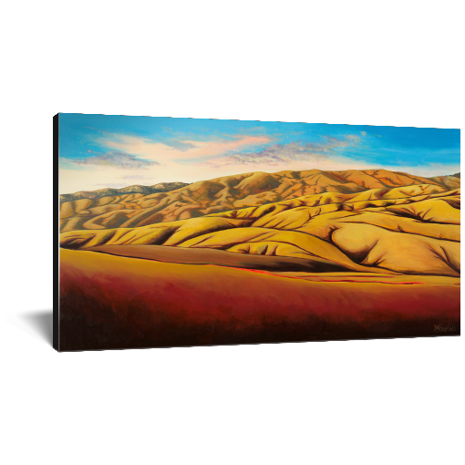 Archival print on canvas of a contemporary landscape painting of golden rolling foothills under a vivid blue sky. 