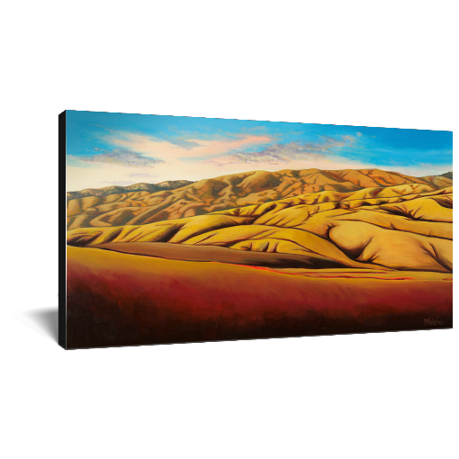 Archival print on canvas of a contemporary landscape painting of golden rolling foothills under a vivid blue sky. 