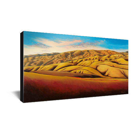 Archival print on canvas of a contemporary landscape painting of golden rolling foothills under a vivid blue sky. 