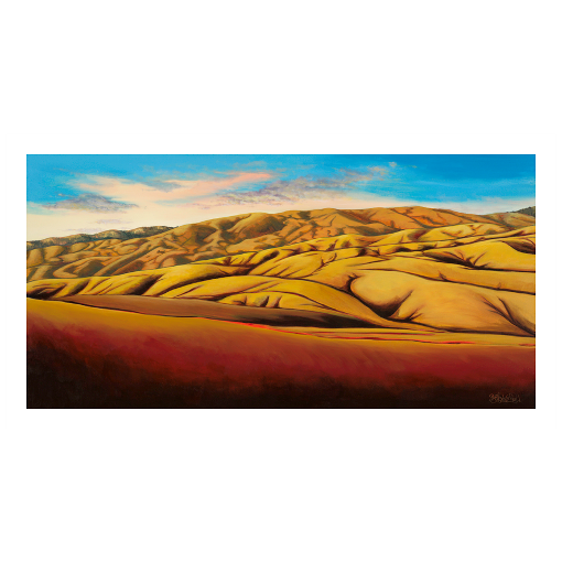 Archival print on matte paper of a contemporary landscape painting of golden rolling foothills under a vivid blue sky. 