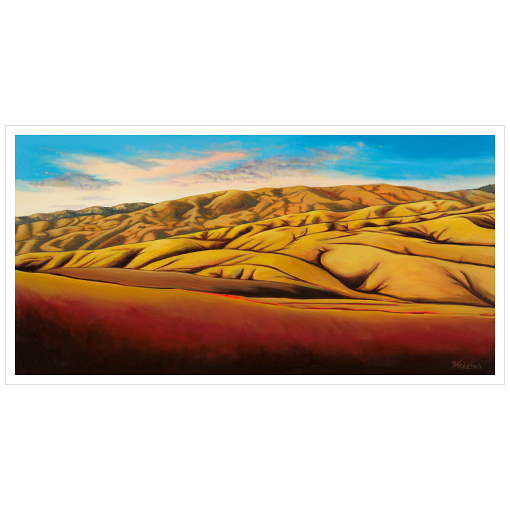 Archival print on matte paper of a contemporary landscape painting of golden rolling foothills under a vivid blue sky. 