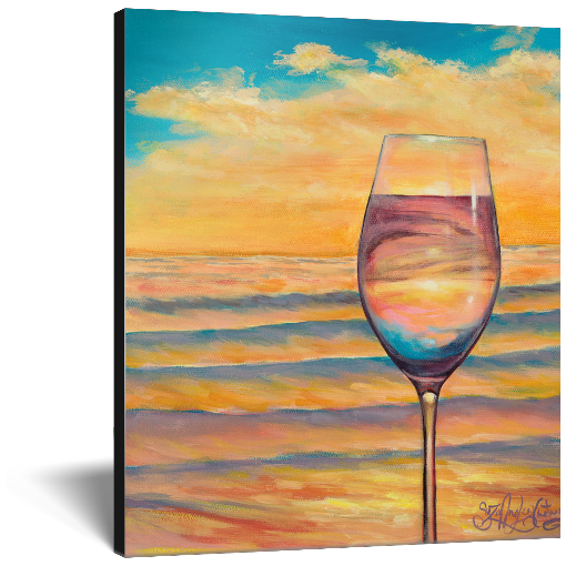 Archival print on canvas of a contemporary seascape painting of a glass of white wine refracting an orange and cerulean sunset reflecting off the ocean beach waves. 