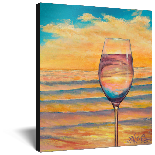 Archival print on canvas of a contemporary seascape painting of a glass of white wine refracting an orange and cerulean sunset reflecting off the ocean beach waves. 