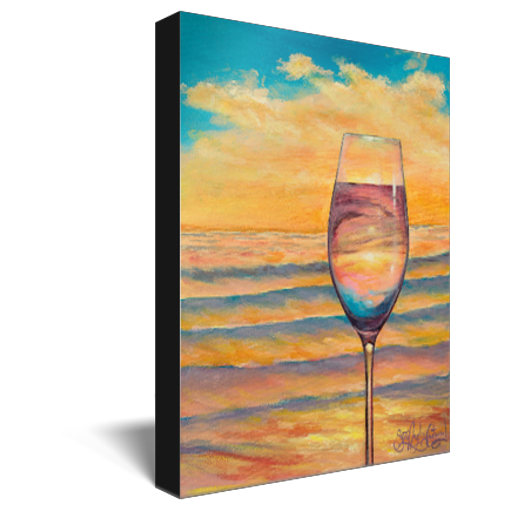 Archival print on canvas of a contemporary seascape painting of a glass of white wine refracting an orange and cerulean sunset reflecting off the ocean beach waves. 