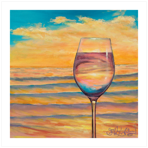 Archival print on matte paper of a contemporary seascape painting of a glass of white wine refracting an orange and cerulean sunset reflecting off the ocean beach waves. 