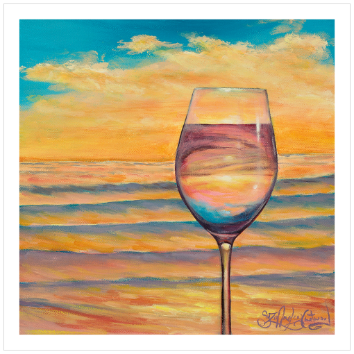 Archival print on matte paper of a contemporary seascape painting of a glass of white wine refracting an orange and cerulean sunset reflecting off the ocean beach waves. 