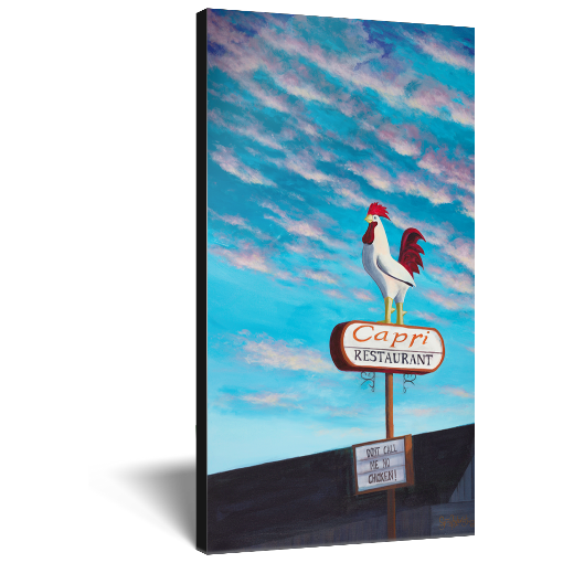 Archival print on canvas of a painting of the original Jim's Coffee Shop Rooster in its new home atop the Capri Restaurant in Boise, Idaho, with bright blue skies filled with fluffy pink clouds. 