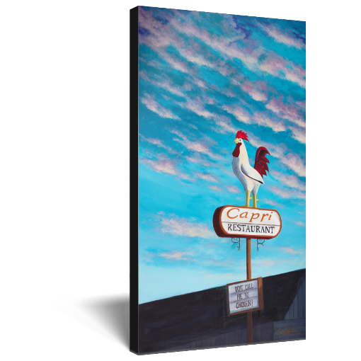 Archival print on canvas of a painting of the original Jim's Coffee Shop Rooster in its new home atop the Capri Restaurant in Boise, Idaho, with bright blue skies filled with fluffy pink clouds. 