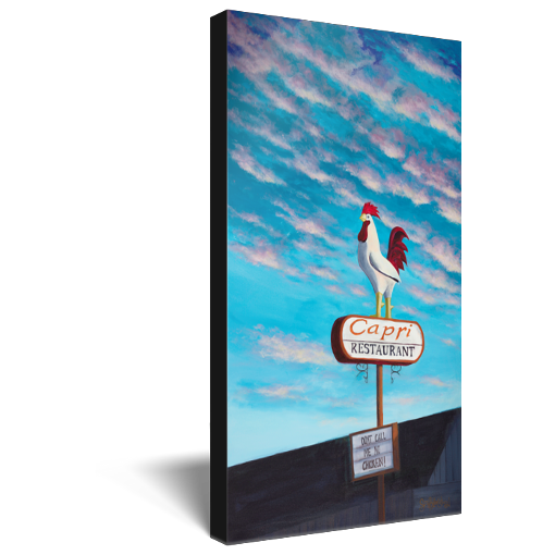 Archival print on canvas of a painting of the original Jim's Coffee Shop Rooster in its new home atop the Capri Restaurant in Boise, Idaho, with bright blue skies filled with fluffy pink clouds. 