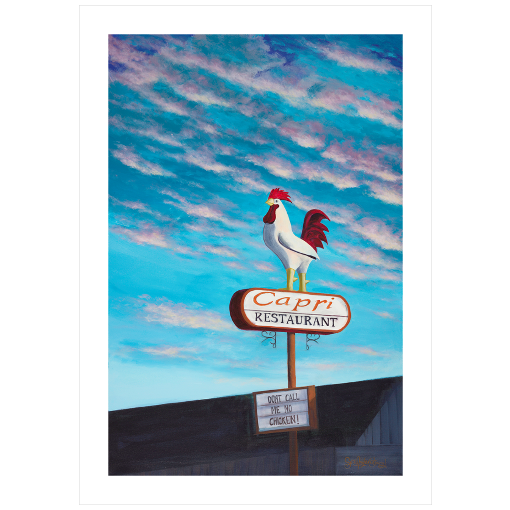 Archival print on matte paper of a painting of the original Jim's Coffee Shop Rooster in its new home atop the Capri Restaurant in Boise, Idaho, with bright blue skies filled with fluffy pink clouds. 