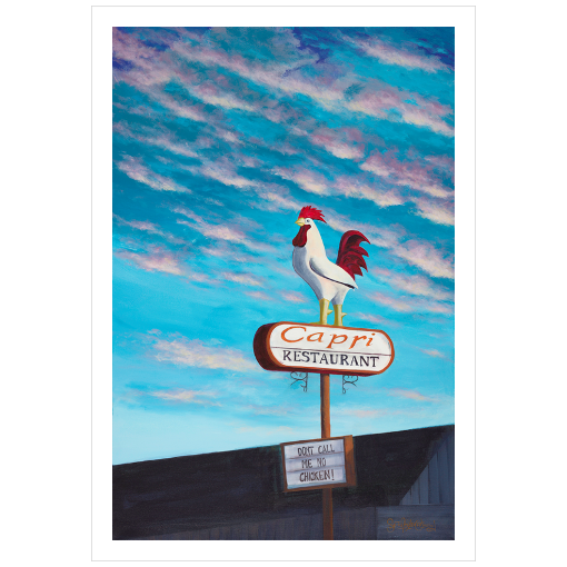 Archival print on matte paper of a painting of the original Jim's Coffee Shop Rooster in its new home atop the Capri Restaurant in Boise, Idaho, with bright blue skies filled with fluffy pink clouds. 