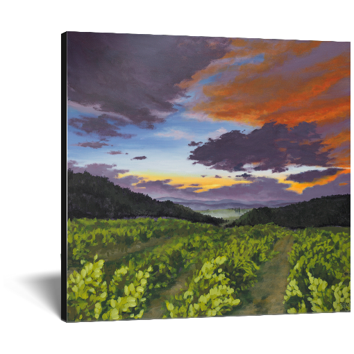 Archival print on canvas of a contemporary landscape painting of a vibrant purple sunset sky over a lush green vineyard and mountains on the horizon. 