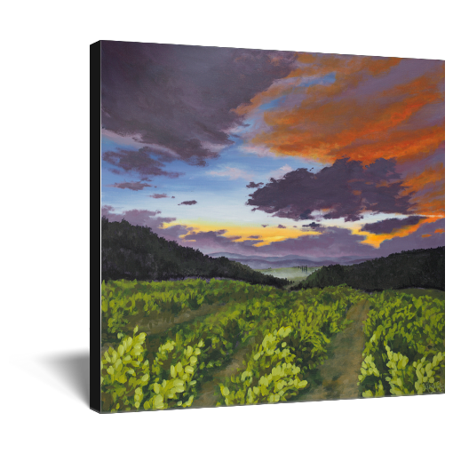 Archival print on canvas of a contemporary landscape painting of a vibrant purple sunset sky over a lush green vineyard and mountains on the horizon. 