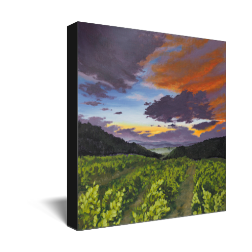 Archival print on canvas of a contemporary landscape painting of a vibrant purple sunset sky over a lush green vineyard and mountains on the horizon. 