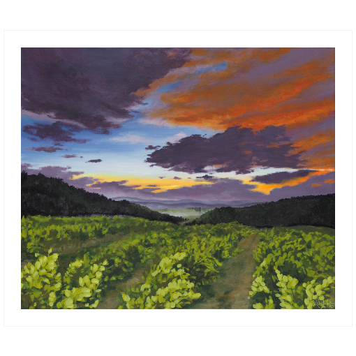Archival print on matte paper of a contemporary landscape painting of a vibrant purple sunset sky over a lush green vineyard and mountains on the horizon.