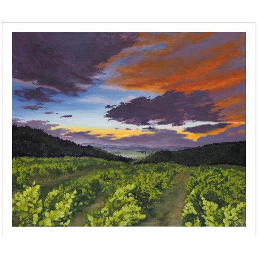 Archival print on matte paper of a contemporary landscape painting of a vibrant purple sunset sky over a lush green vineyard and mountains on the horizon.