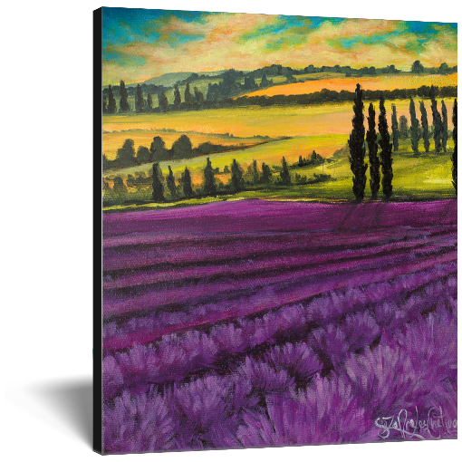Archival print on canvas of a contemporary landscape painting of vibrant purple lavender before glowing green and yellow hills and cypress trees under a summer sky. 