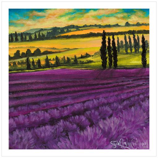 Archival print on matte paper of a contemporary landscape painting of vibrant purple lavender before glowing green and yellow hills and cypress trees under a summer sky. 
