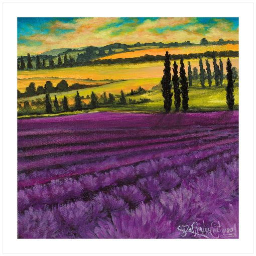 Archival print on matte paper of a contemporary landscape painting of vibrant purple lavender before glowing green and yellow hills and cypress trees under a summer sky. 