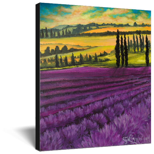 Archival print on canvas of a contemporary landscape painting of vibrant purple lavender before glowing green and yellow hills and cypress trees under a summer sky. 