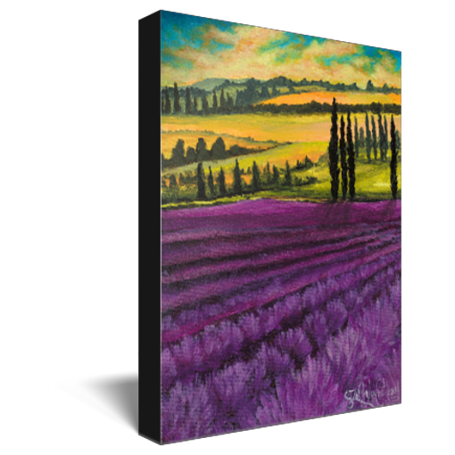 Archival print on canvas of a contemporary landscape painting of vibrant purple lavender before glowing green and yellow hills and cypress trees under a summer sky. 