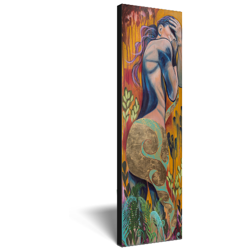 Archival print on canvas of a painting of an abstract female figure embracing herself as colors and forms dance all around her. 