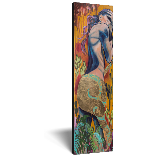 Archival print on canvas of a painting of an abstract female figure embracing herself as colors and forms dance all around her. 